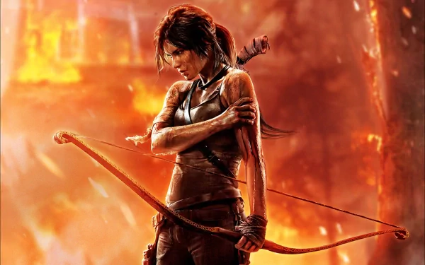 A striking HD desktop wallpaper featuring a powerful scene from the video game Tomb Raider, showcasing the protagonist with a bow, set against a fiery backdrop.