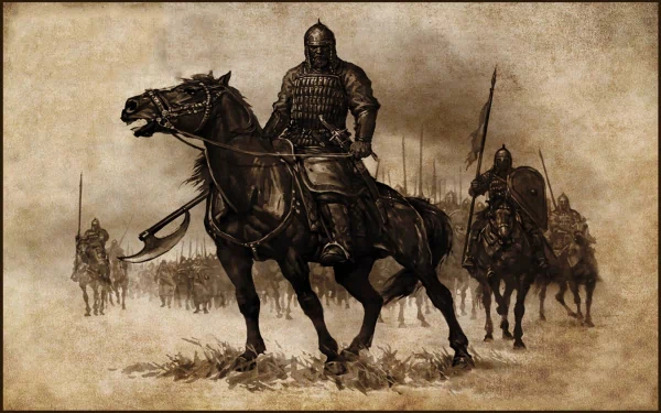 HD PC desktop wallpaper featuring armored warriors on horseback from the video game Mount & Blade: Warband, set against a sepia-toned medieval battlefield background.