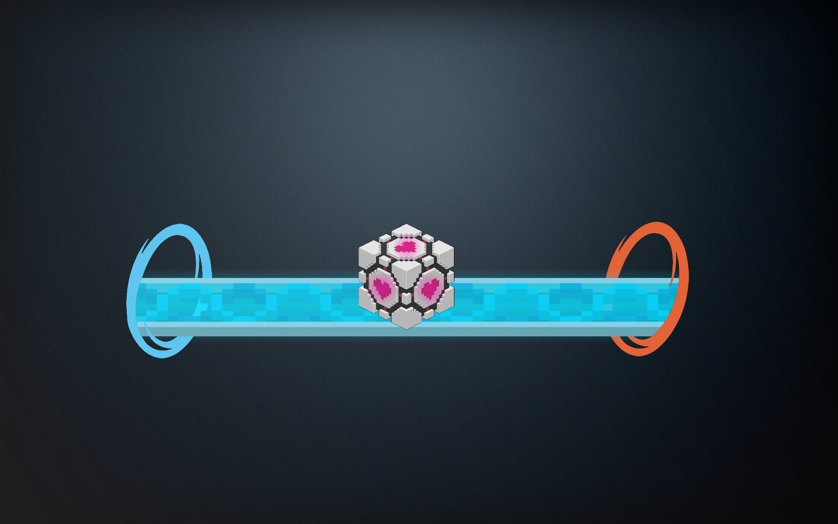 HD desktop wallpaper featuring the Companion Cube from Portal 2 centered on a glowing bridge formed by blue and orange portals from the Portal video game series.