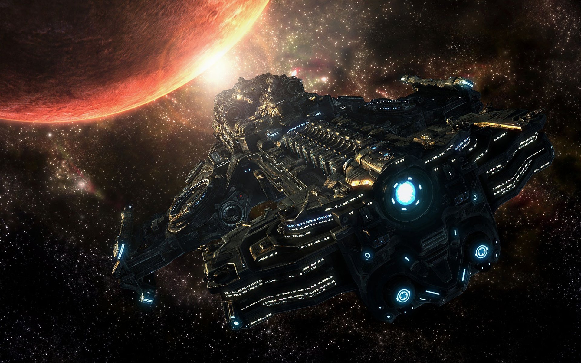 HD PC desktop wallpaper featuring a detailed spaceship from the video game Starcraft II: Wings of Liberty set against a cosmic background with a glowing planet.
