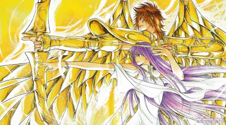 A vibrant HD desktop wallpaper featuring Athena and Sisyphus de Sagittarius from Saint Seiya, highlighting their dynamic poses against a radiant yellow background.