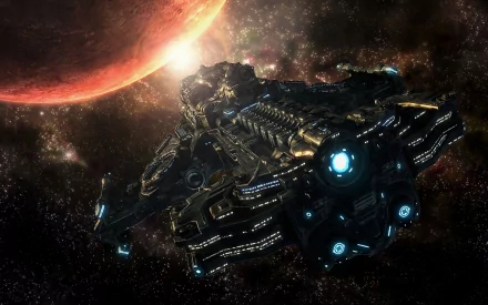 HD PC desktop wallpaper featuring a detailed spaceship from the video game Starcraft II: Wings of Liberty set against a cosmic background with a glowing planet.