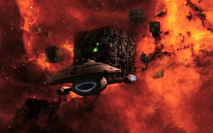 A stunning HD desktop wallpaper featuring the starship Voyager navigating through vibrant orange and dark space, showcasing elements from the TV show Star Trek: Voyager.