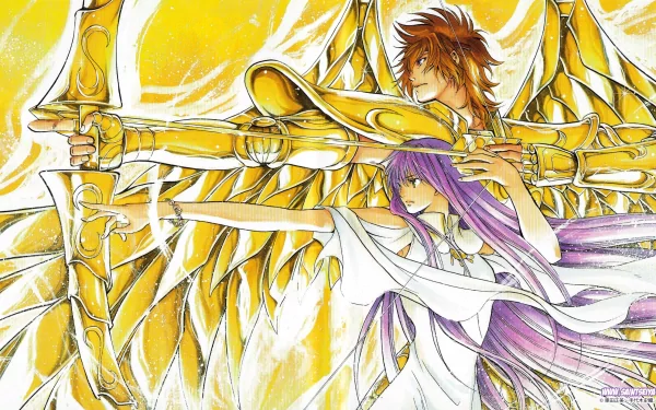 A vibrant HD desktop wallpaper featuring Athena and Sisyphus de Sagittarius from Saint Seiya, highlighting their dynamic poses against a radiant yellow background.