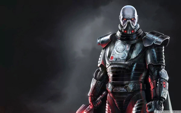 A detailed HD wallpaper featuring Darth Malgus, a Sith from Star Wars, standing confidently in dark armor and a mask, set against a dramatic sci-fi backdrop.