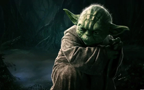 HD desktop wallpaper featuring Yoda, the wise Jedi Master from Star Wars, in a mysterious, dark forest setting, exuding wisdom and strength in the sci-fi universe.