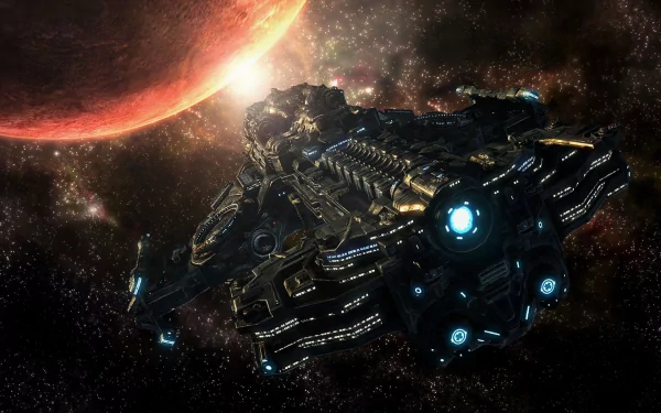 HD PC desktop wallpaper featuring a detailed spaceship from the video game Starcraft II: Wings of Liberty set against a cosmic background with a glowing planet.