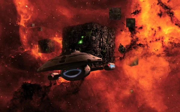 A stunning HD desktop wallpaper featuring the starship Voyager navigating through vibrant orange and dark space, showcasing elements from the TV show Star Trek: Voyager.