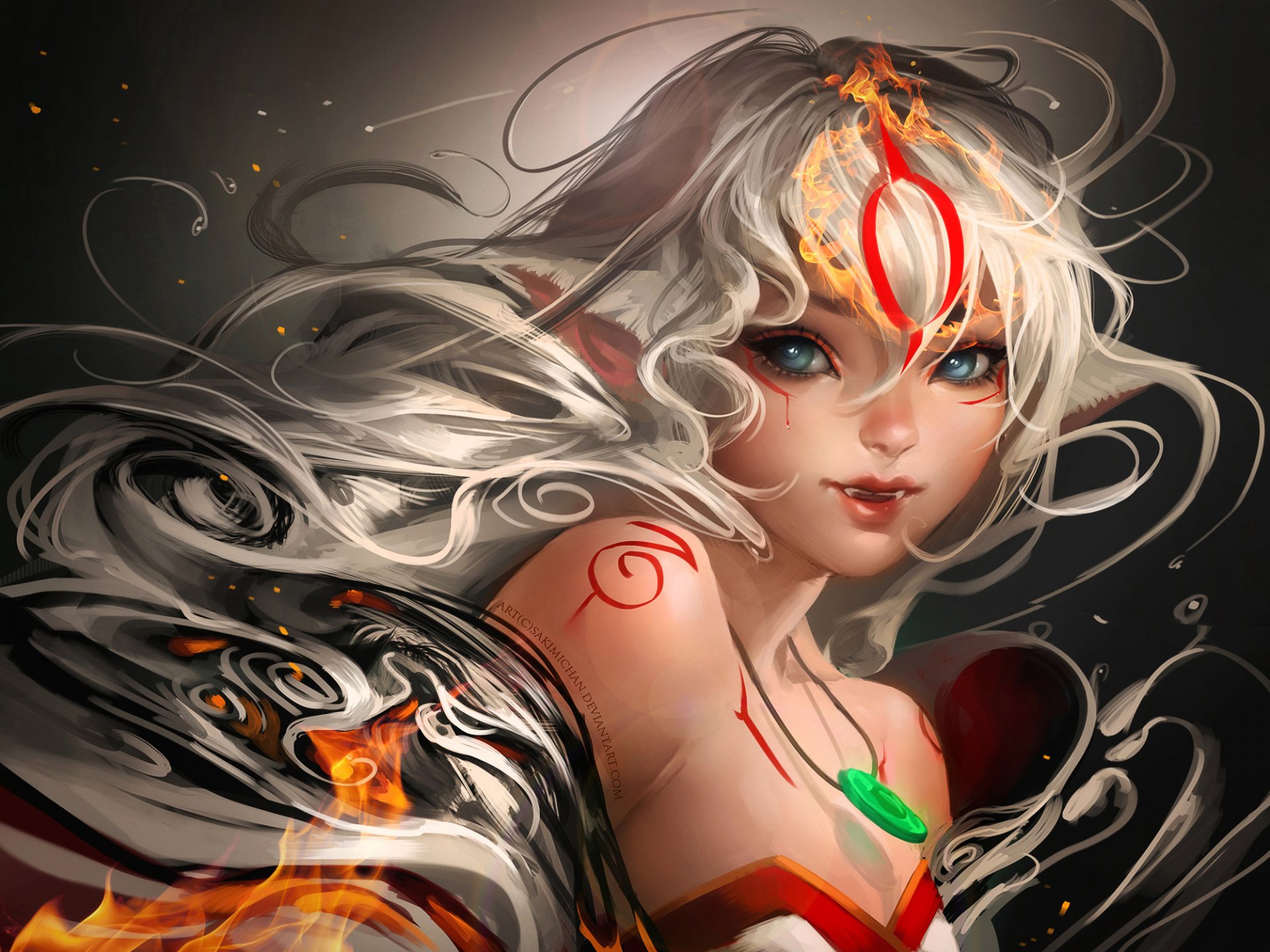 HD PC desktop wallpaper featuring a detailed, stylized portrait inspired by the video game Ōkami, showcasing a white-haired character with vibrant eyes and intricate markings.