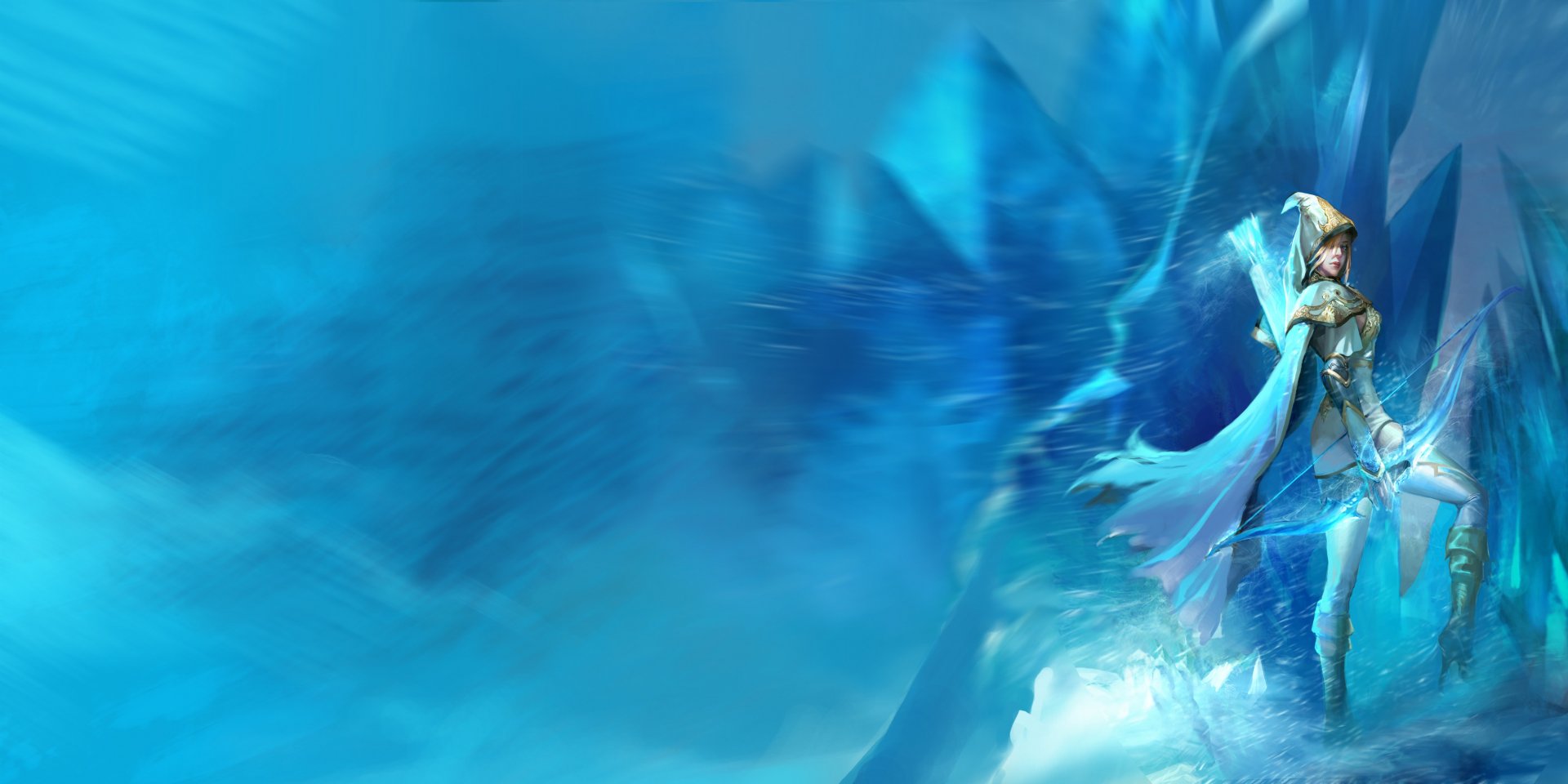 Ashe from League of Legends stands with her bow against an icy blue crystalline battlefield - 2K Quad HD video game PC desktop wallpaper/background.