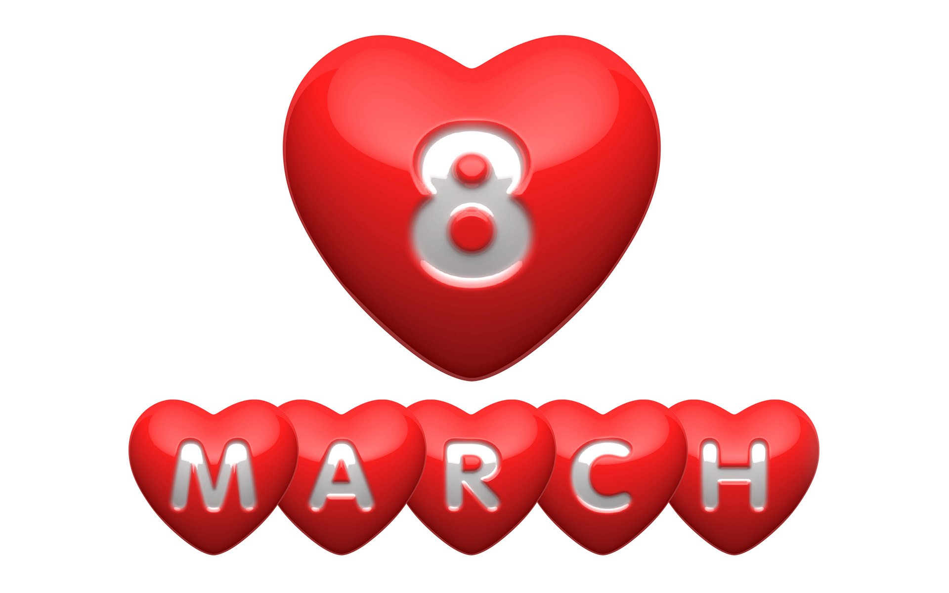 HD PC desktop wallpaper: red heart with 8 above five red hearts spelling MARCH — Women's Day holiday background.