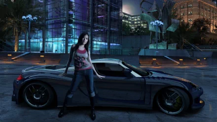 A dynamic scene from Need for Speed: Carbon, featuring a sleek car parked near a modern building, with a stylish figure posing alongside it under a vibrant city backdrop.