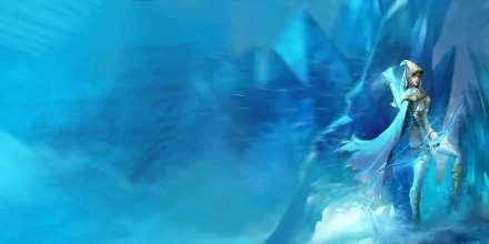 Ashe from League of Legends stands with her bow against an icy blue crystalline battlefield - 2K Quad HD video game PC desktop wallpaper/background.