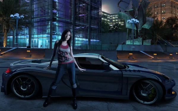 A dynamic scene from Need for Speed: Carbon, featuring a sleek car parked near a modern building, with a stylish figure posing alongside it under a vibrant city backdrop.