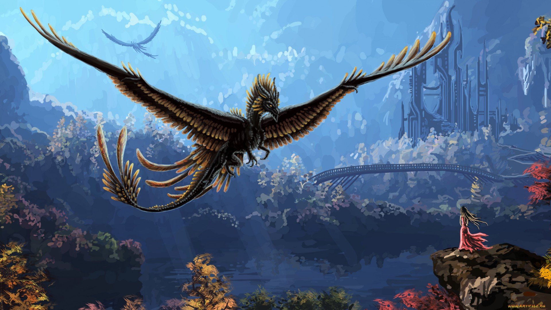 HD fantasy desktop wallpaper depicting a majestic winged creature soaring over a mystical cityscape with a lone figure observing from a cliff.