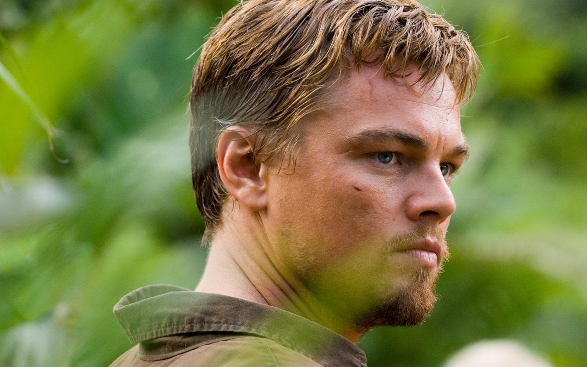 HD desktop wallpaper featuring Leonardo DiCaprio in a scene from the movie Blood Diamond, set against a lush, green background.