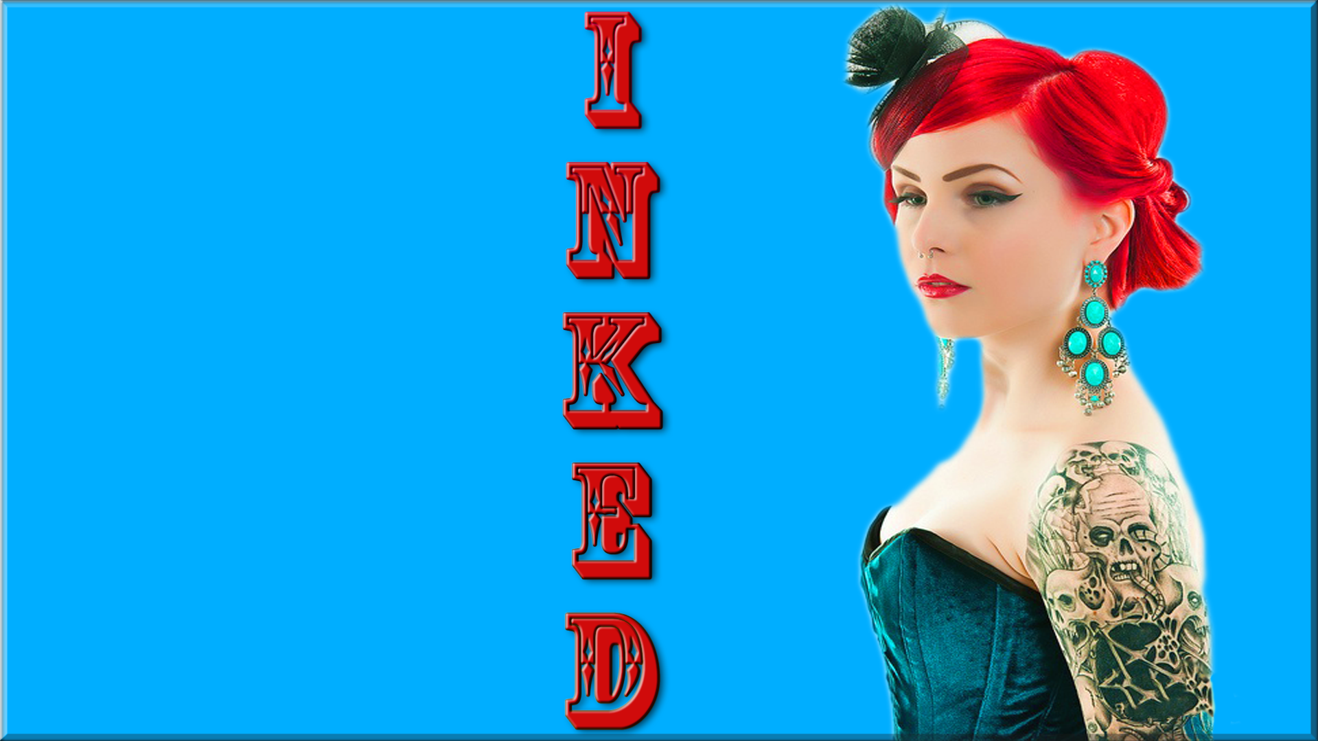 HD desktop wallpaper of a redhead woman with a detailed tattoo on her arm, wearing turquoise earrings and a dark corset against a vivid blue background with INKED text.