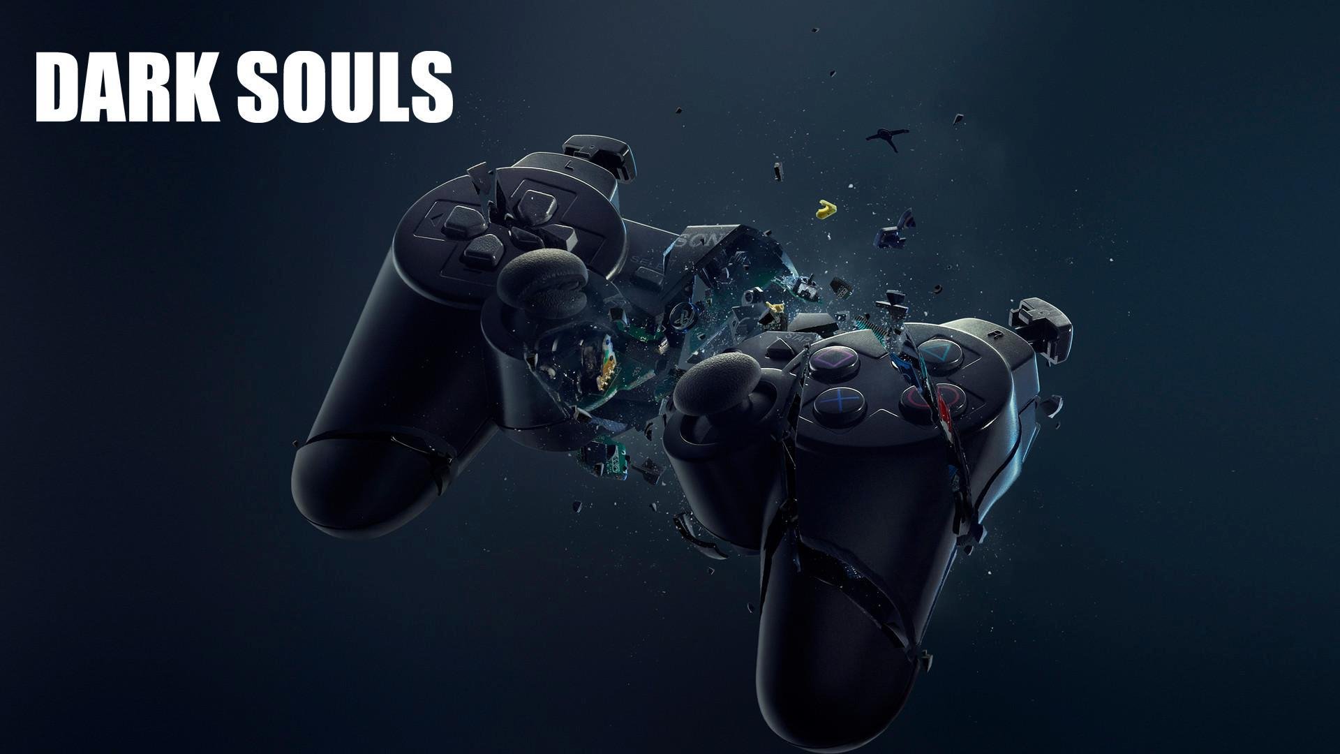 HD PC desktop wallpaper featuring a shattered video game controller with glowing fragments, branded with the Dark Souls logo against a dark background.