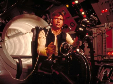 A high-definition desktop wallpaper featuring Han Solo in the cockpit of the Millennium Falcon from the Star Wars movie franchise, evoking a sense of adventure and sci-fi excitement.