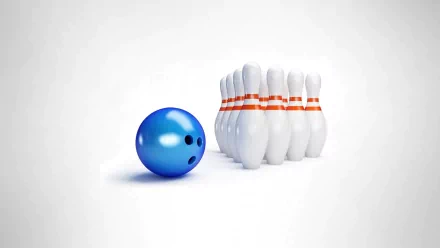 HD PC desktop wallpaper featuring a close-up of a blue bowling ball aimed at a set of ten white bowling pins with red stripes, representing the sport of bowling.