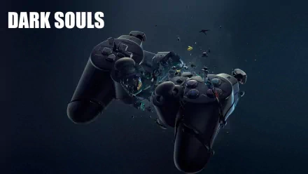 HD PC desktop wallpaper featuring a shattered video game controller with glowing fragments, branded with the Dark Souls logo against a dark background.