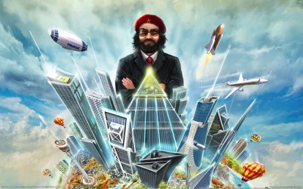 HD desktop wallpaper of Tropico 4 featuring a vibrant cityscape with a character in a red beret, airplanes, and a blimp in the sky.