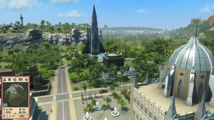 HD desktop wallpaper featuring a Tropico 4 game scene with tropical landscape, buildings, and streets.