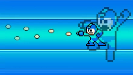 HD PC desktop wallpaper featuring pixel art of Mega Man shooting projectiles against a vibrant blue background, capturing the classic video game style.