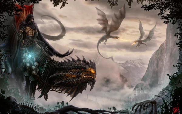 A dark fantasy scene features a cloaked figure riding a dragon, with two more dragons soaring in a misty landscape surrounded by mountains, creating an epic HD wallpaper backdrop.