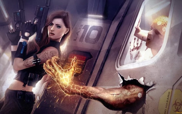 A sci-fi HD desktop wallpaper featuring a tattooed woman warrior with guns confronting a biohazard threat through a broken window.