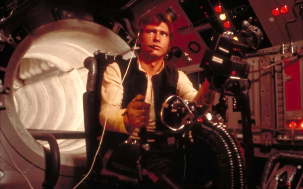 A high-definition desktop wallpaper featuring Han Solo in the cockpit of the Millennium Falcon from the Star Wars movie franchise, evoking a sense of adventure and sci-fi excitement.