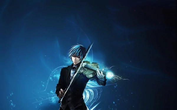 HD PC desktop wallpaper featuring Kaito from Vocaloid playing a glowing violin, set against a dark blue, anime-inspired background with dynamic light effects.