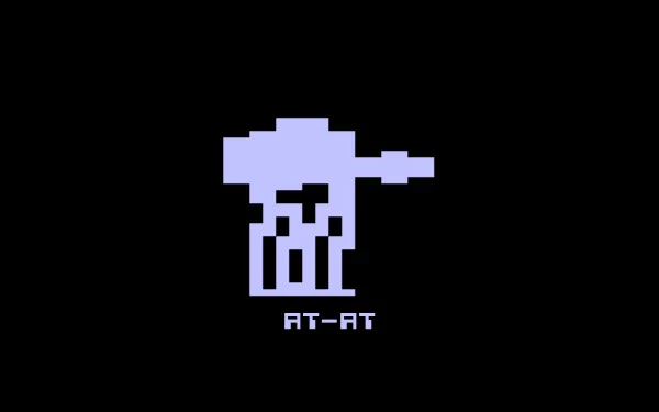 Retro pixel-art AT-AT walker on a black background with AT-AT caption — HD PC desktop wallpaper and background inspired by Star Wars: The Empire Strikes Back video game.