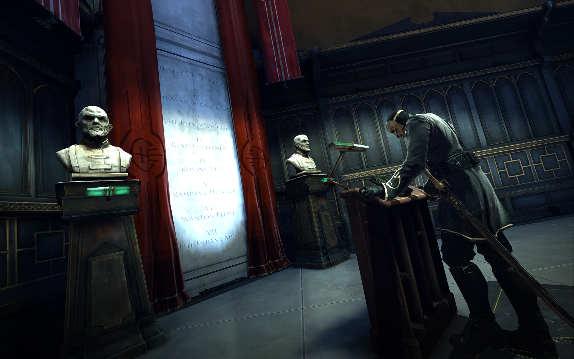 HD Dishonored game wallpaper featuring a character by a lectern in a dimly lit room with statues and red drapes.