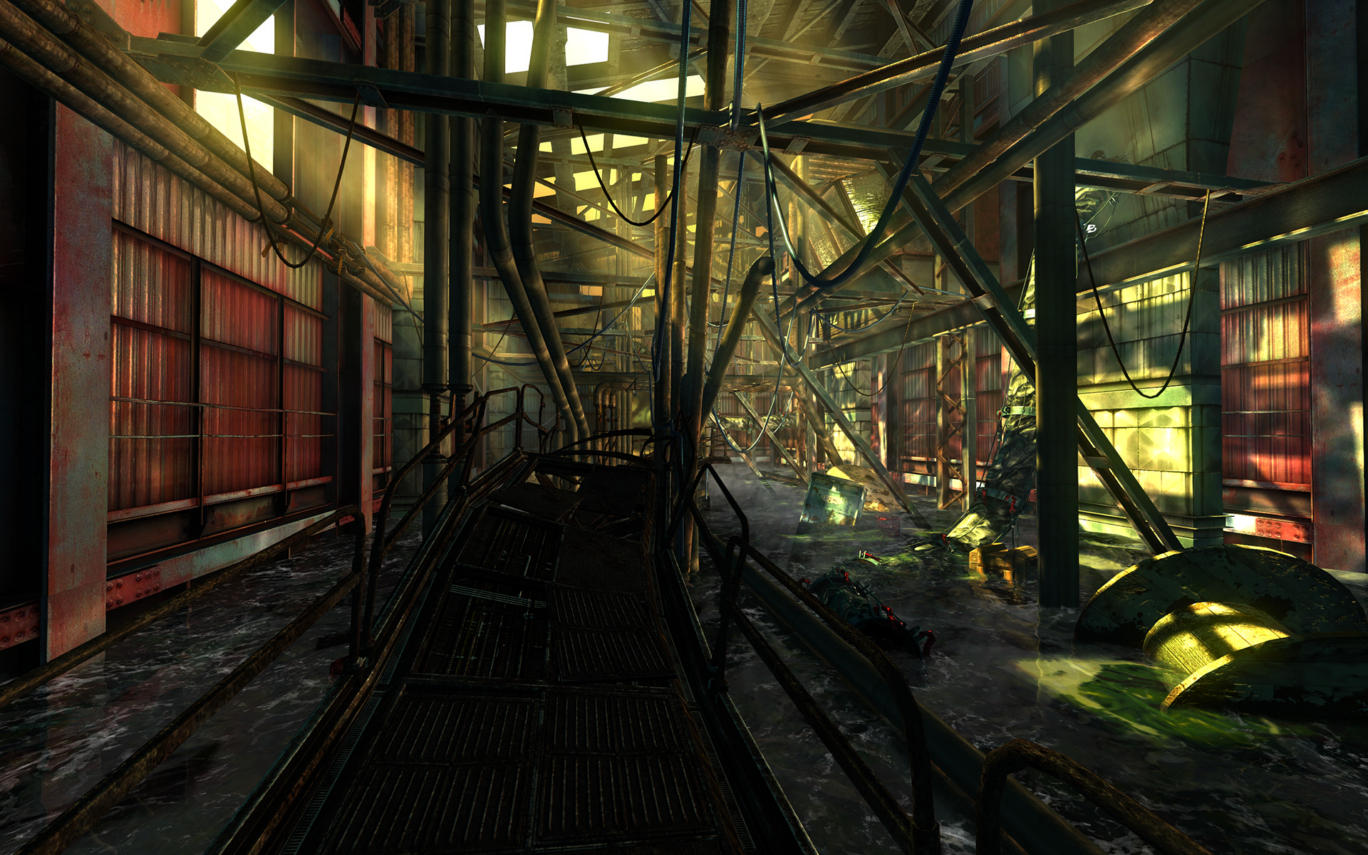 HD desktop wallpaper of a dystopian industrial setting from the video game Hard Reset, with sunlight filtering through a decrepit factory.