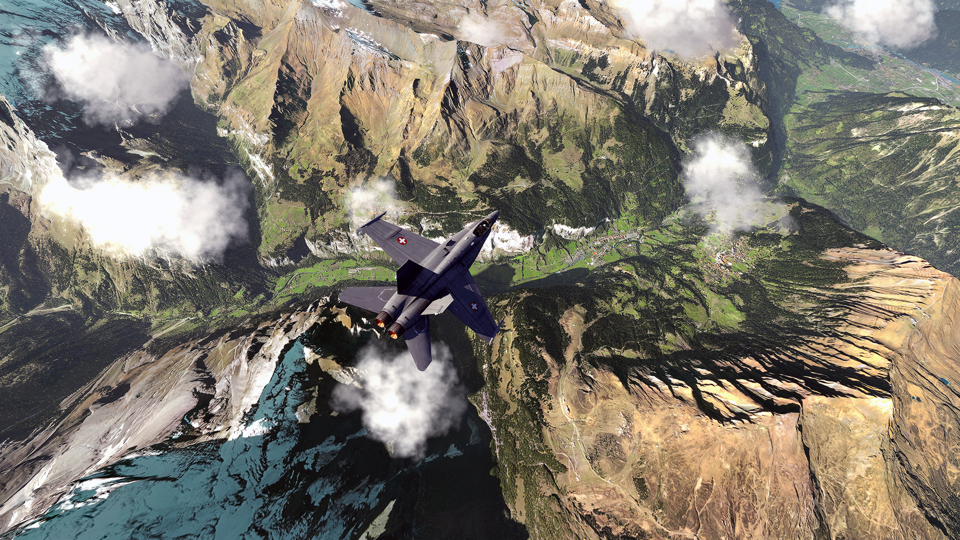 An HD desktop wallpaper featuring a fighter jet soaring over rugged mountains and clouds, showcasing the stunning graphics of the video game Aerofly FS.
