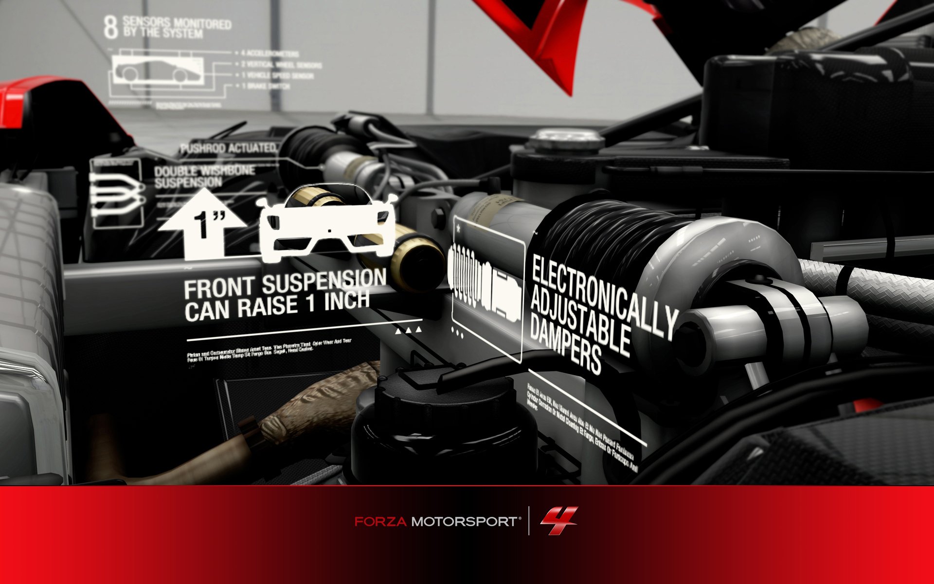 HD PC desktop wallpaper from the video game Forza Motorsport 4: close-up of a labeled engine bay with technical schematics and a red branded banner at the bottom.