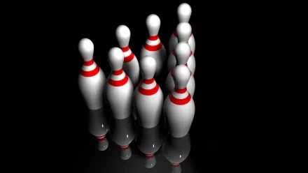 HD desktop wallpaper featuring a group of bowling pins arranged in a triangular formation on a reflective black surface, highlighting the sport of bowling.