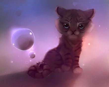Artistic HD PC desktop wallpaper featuring a softly glowing, wide-eyed kitten surrounded by floating bubbles against a dreamy, purple-hued background.