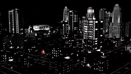 HD desktop wallpaper of a SimCity-inspired nighttime cityscape with illuminated buildings and streets.