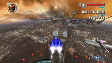 HD desktop wallpaper of F-Zero GX showcasing a high-speed racecraft soaring over a futuristic cityscape.