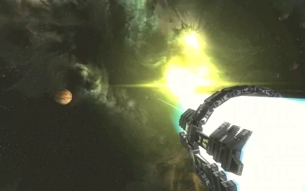 HD desktop wallpaper from Galaxy on Fire 2 Full HD, featuring a spaceship with a glowing sun and planets in the background.