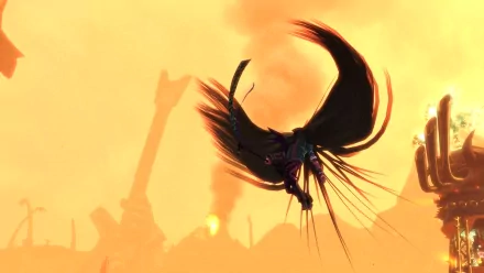 HD desktop wallpaper featuring a dramatic scene from Brutal Legend with a fiery sky and a fantastical creature soaring above a dystopian landscape.