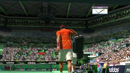 HD wallpaper of Virtua Tennis 4 featuring a player on a vibrant tennis court, ready to serve, with an attentive crowd in the background.