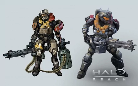 HD desktop wallpaper featuring characters from the video game Halo: Reach, showcasing two armored figures equipped with futuristic weapons in an action-packed design.