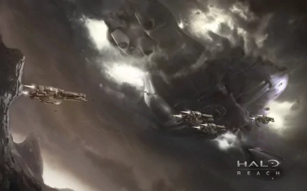 A dramatic scene from Halo: Reach featuring spaceships navigating through a tumultuous sky, set against a backdrop of dark clouds and distant structures. HD PC desktop wallpaper.