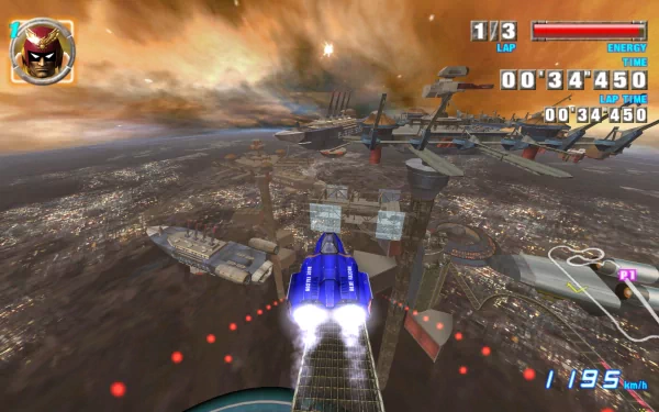 HD desktop wallpaper of F-Zero GX showcasing a high-speed racecraft soaring over a futuristic cityscape.