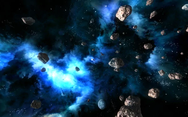 HD desktop wallpaper of Galaxy on Fire 2 Full HD, featuring a vibrant cosmic scene with asteroids and a blue nebula.