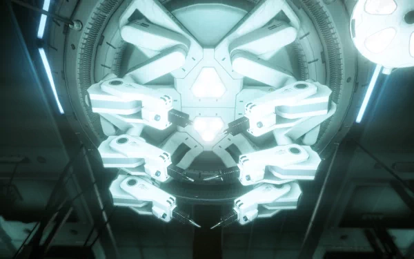 HD desktop wallpaper of a scene from Crysis 2, featuring advanced sci-fi technology in a cool-toned, illuminated setting.