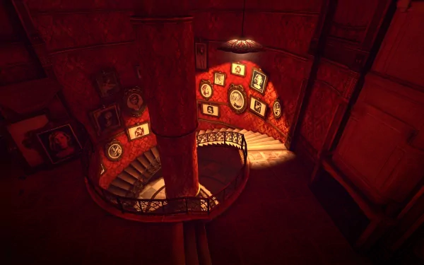 HD wallpaper from Dishonored showing a grand spiral staircase in a dimly-lit room adorned with portraits.